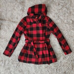 Mossimo Supply Co Buffalo‎ Plaid Hooded Pea Coat Red And Black Women's Medium